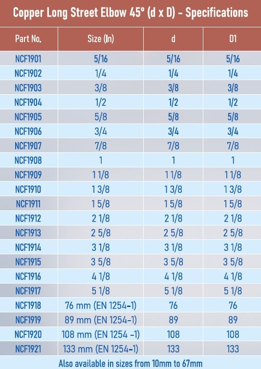 Copper Long Street Elbow 45 Degree in india